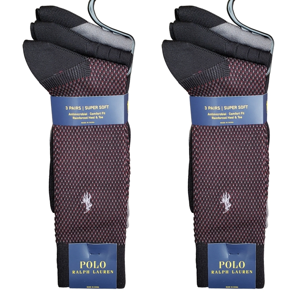 Polo Ralph Lauren Birdseye Dress Socks Men Black/Red/Gray 6 Pairs of Socks NWT